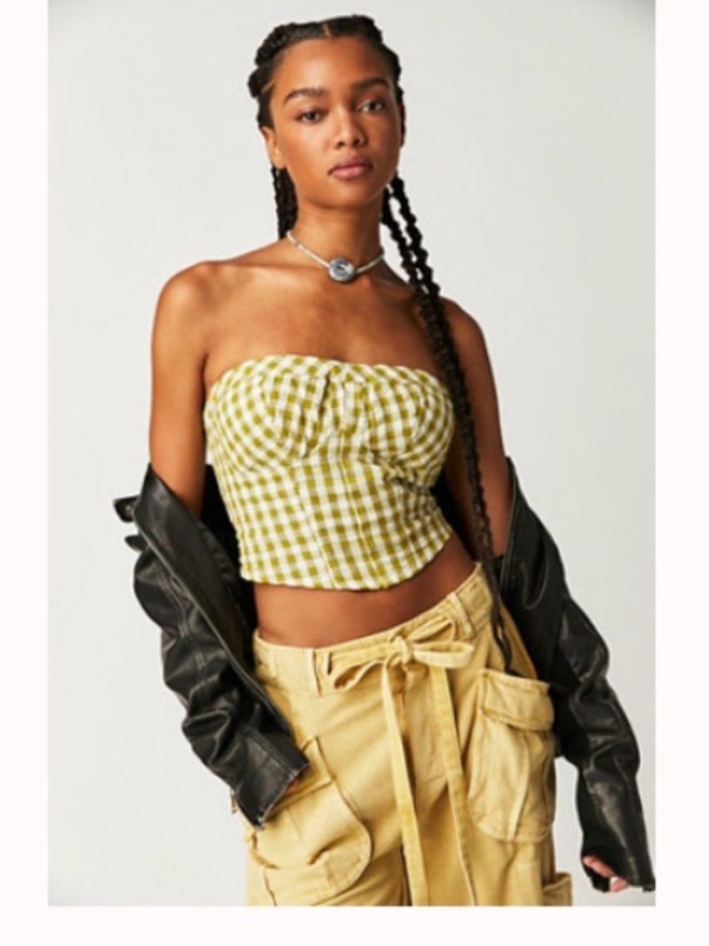 Free People Leilani Gingham Green Strapless Crop Top